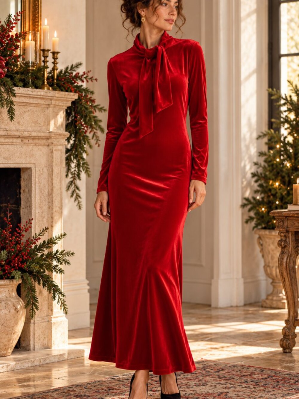 Red Velvet Maxi Dress Tie Neck Long Sleeve Holiday Evening Gothic Formal Whimsy